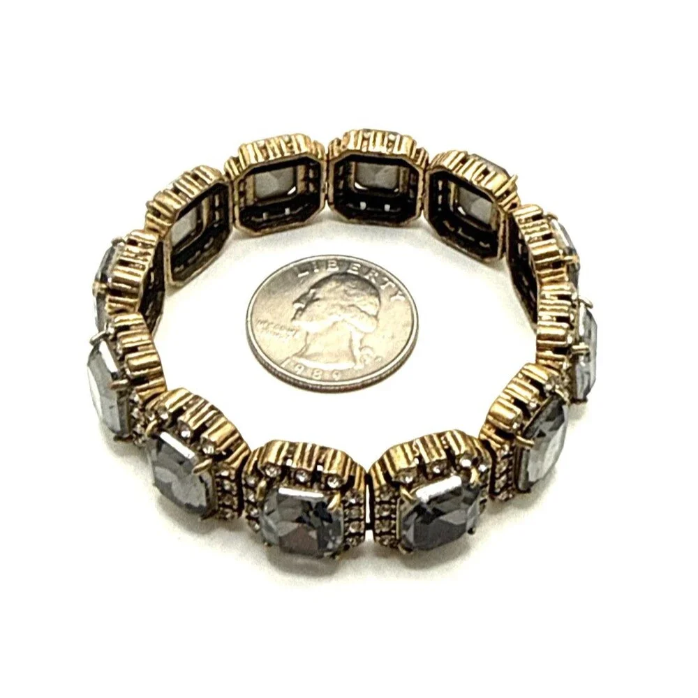 J CREW CRYSTAL BORDERS Bracelet Smoky Gray Clear Rhinestone Ornate Stretch Cuff